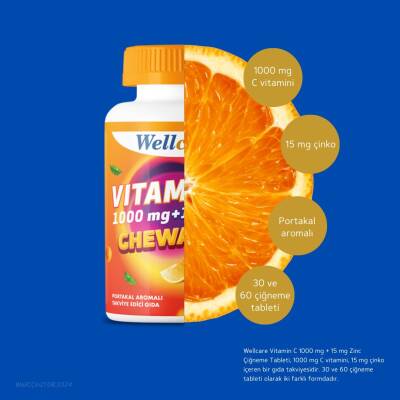 Wellcare Vitamin C 1000 mg + 15 mg Zinc Chewables 60 Çiğneme Tableti - 2